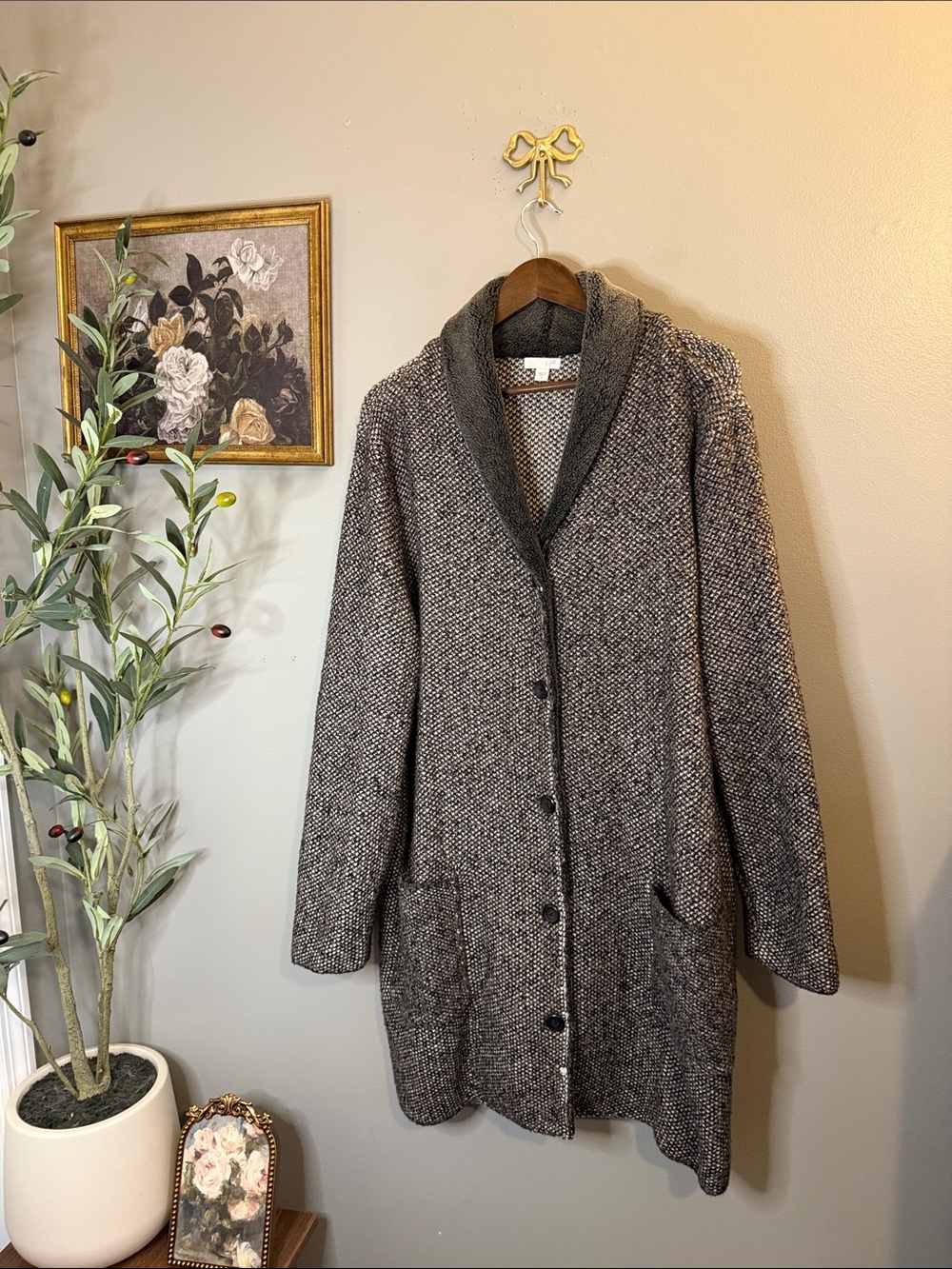 J. Jill XL Marled Knit Shawl Collar Cardigan Sweater Coat Gray Black Cozy - Picture 4 of 10